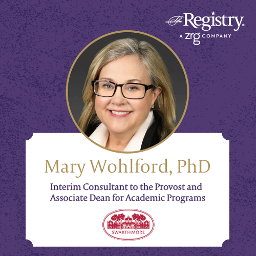 Congratulations to Registry Member Mary Wohlford, PhD, on successfully completing another impressive interim placement—as Interim Consultant to the Provost and Associate Dean for Academic Programs at Swarthmore College.